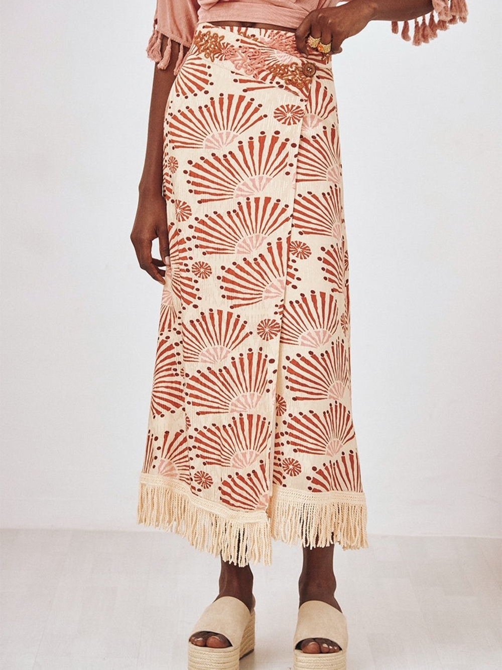 NKN Nekane Brilia Embroidered Boho Sarong Midi Skirt Fringed
